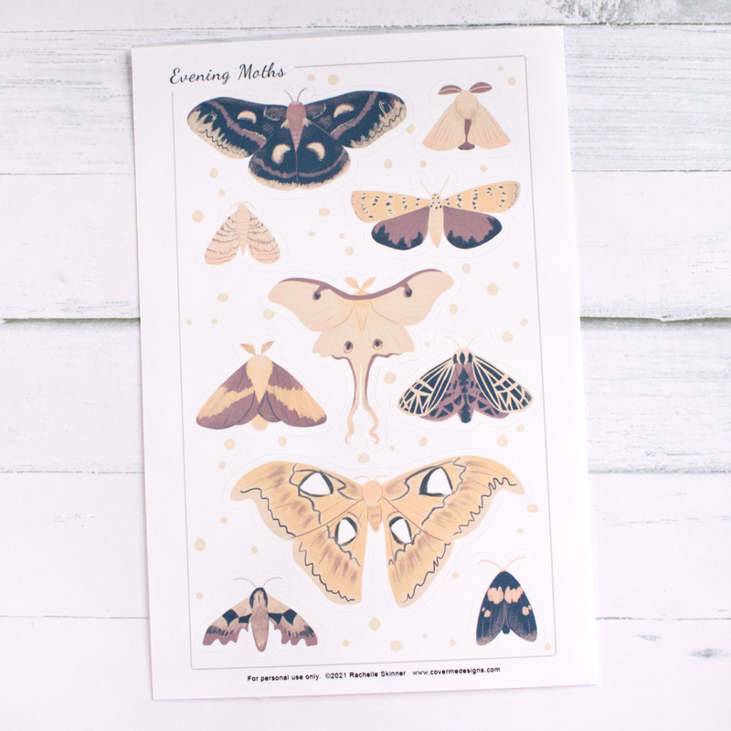 Evening Moths Printable Sticker Sheet - Print and Cut at Home 4x6 - Silhouette and Cricut Compatible