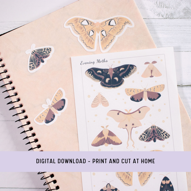 Evening Moths Printable Sticker Sheet - Print and Cut at Home 4x6 - Silhouette and Cricut Compatible