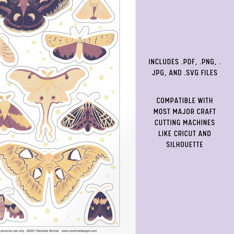 Evening Moths Printable Sticker Sheet - Print and Cut at Home 4x6 - Silhouette and Cricut Compatible