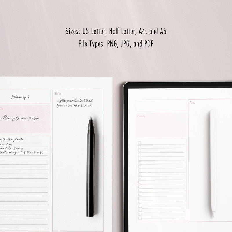 Blush Pink Minimalist Planner Page - Daily - for use in physical or digital planners
