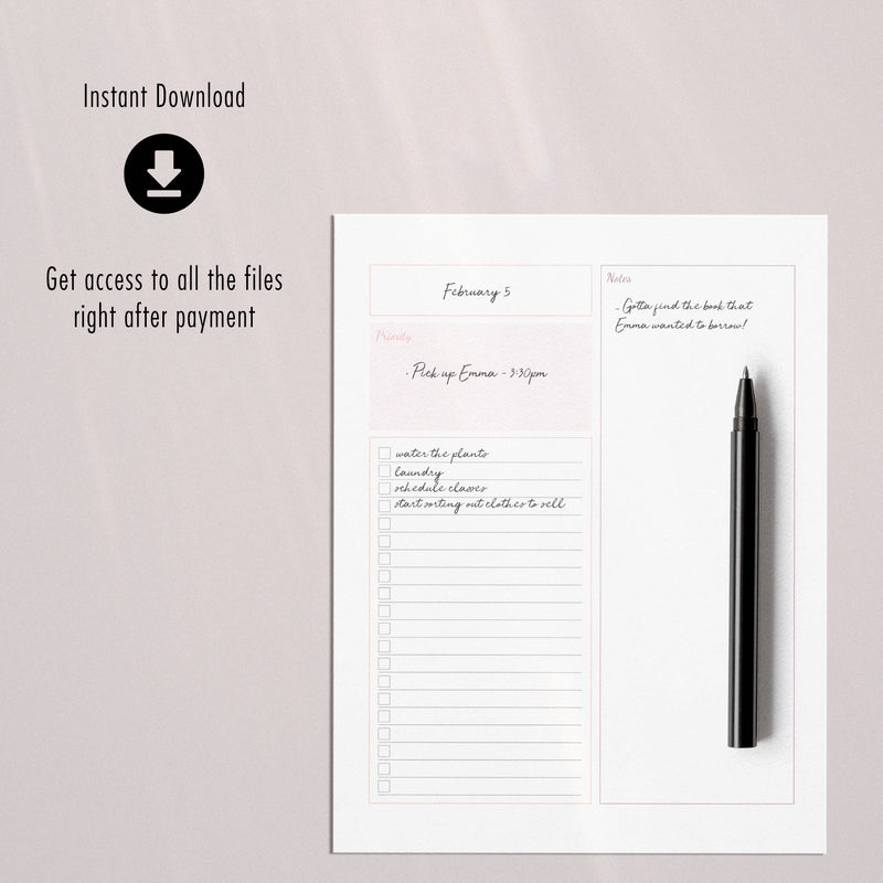 Blush Pink Minimalist Planner Page - Daily - for use in physical or digital planners