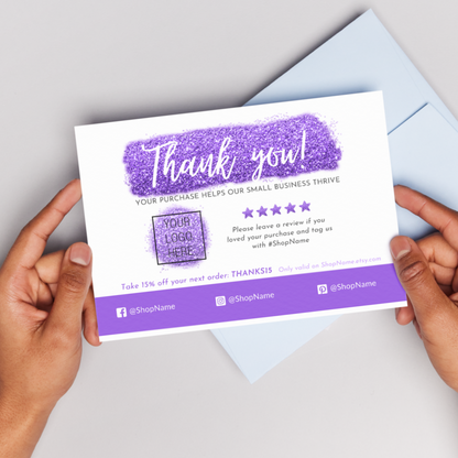 Purple Glitter Thank You Card – Customizable Template