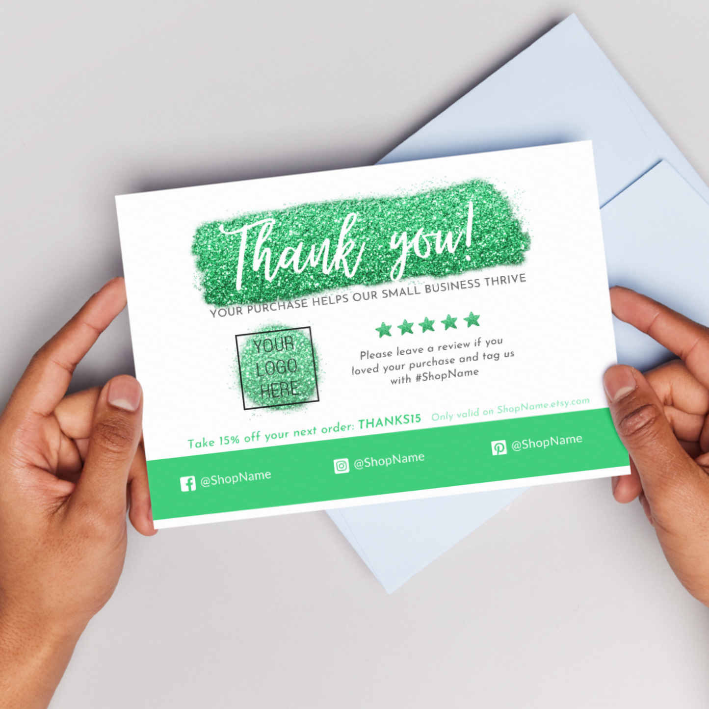 Green Glitter Thank You Card – Customizable Template