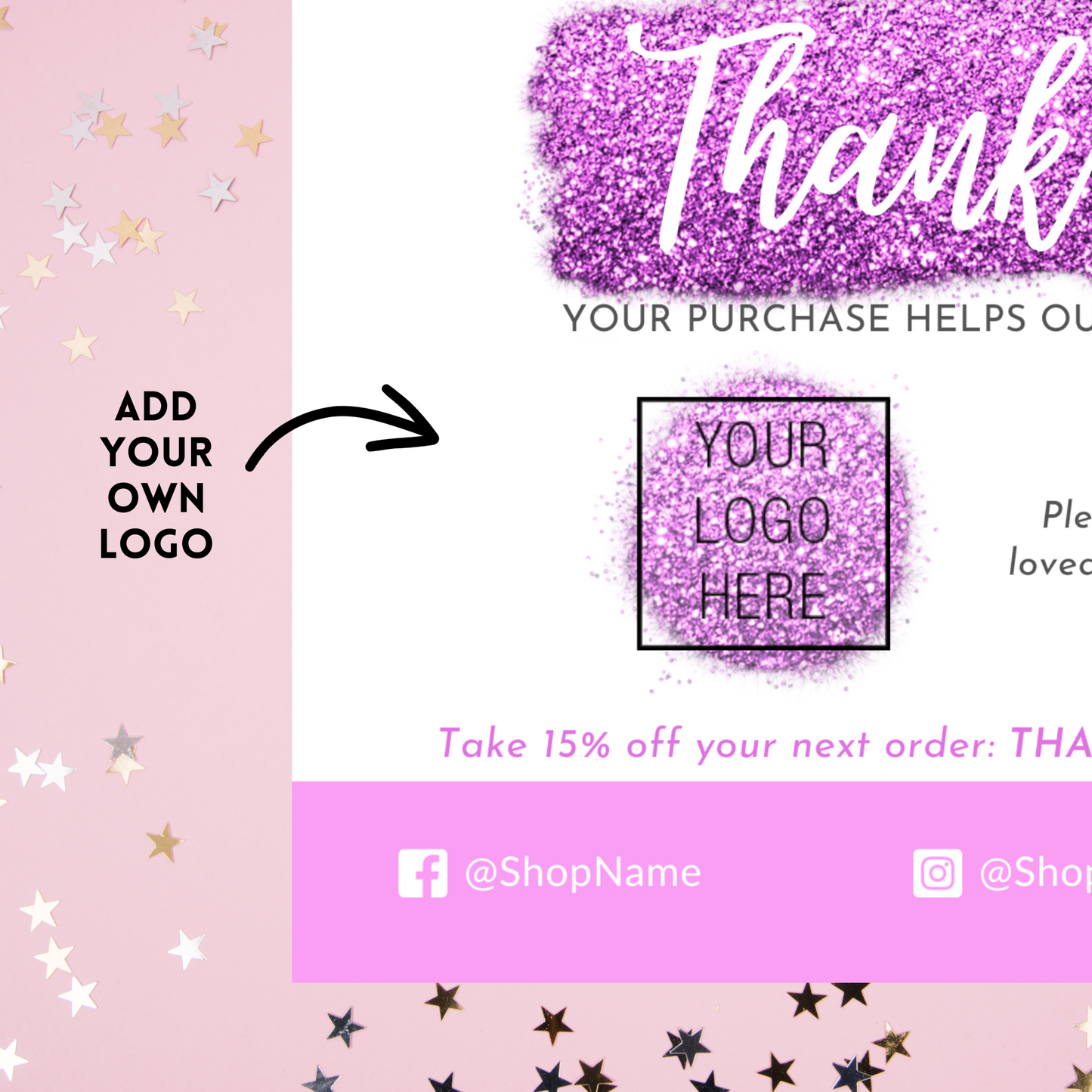 Pink Glitter Thank You Card – Customizable Template