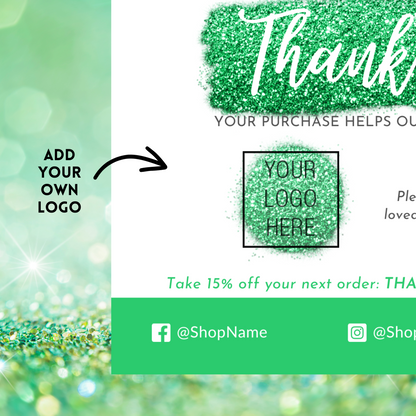 Green Glitter Thank You Card – Customizable Template