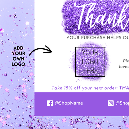 Purple Glitter Thank You Card – Customizable Template