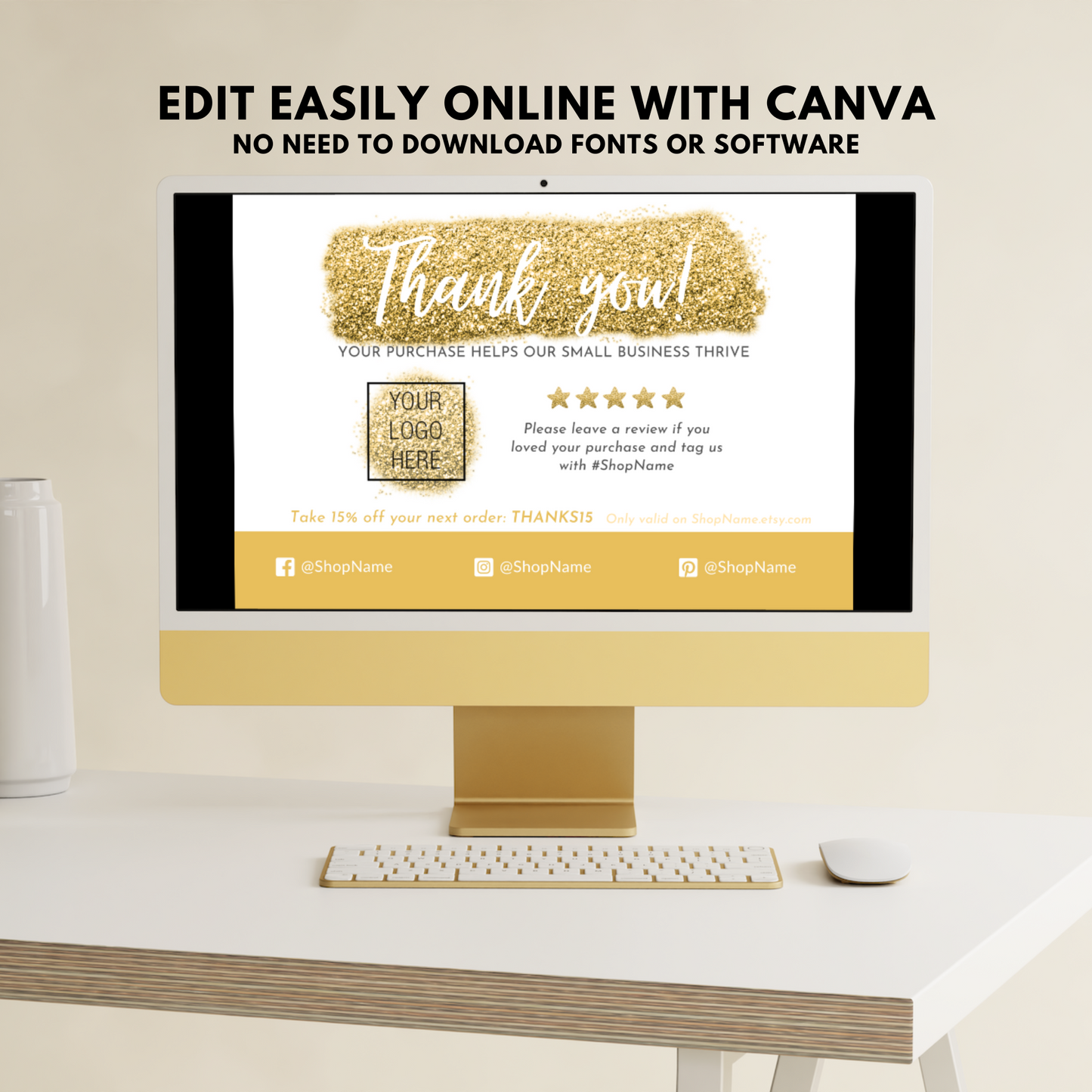 Gold Glitter Thank You Card - Customizable Template