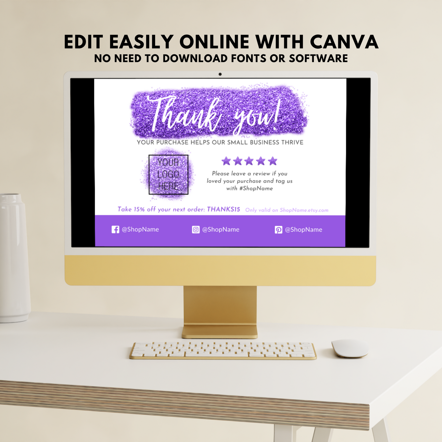 Purple Glitter Thank You Card – Customizable Template