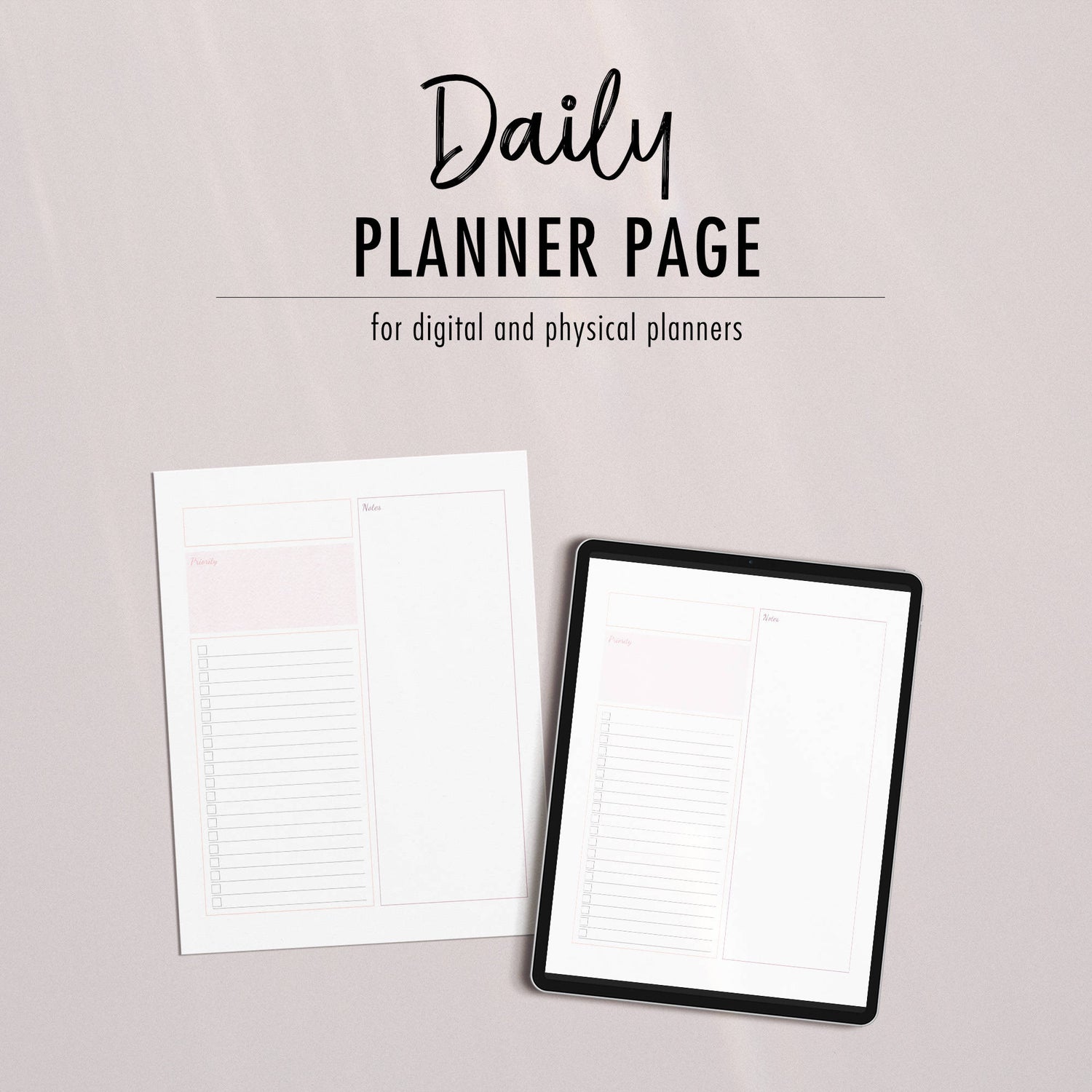 Blush Pink Minimalist Planner Page - Daily - for use in physical or digital planners