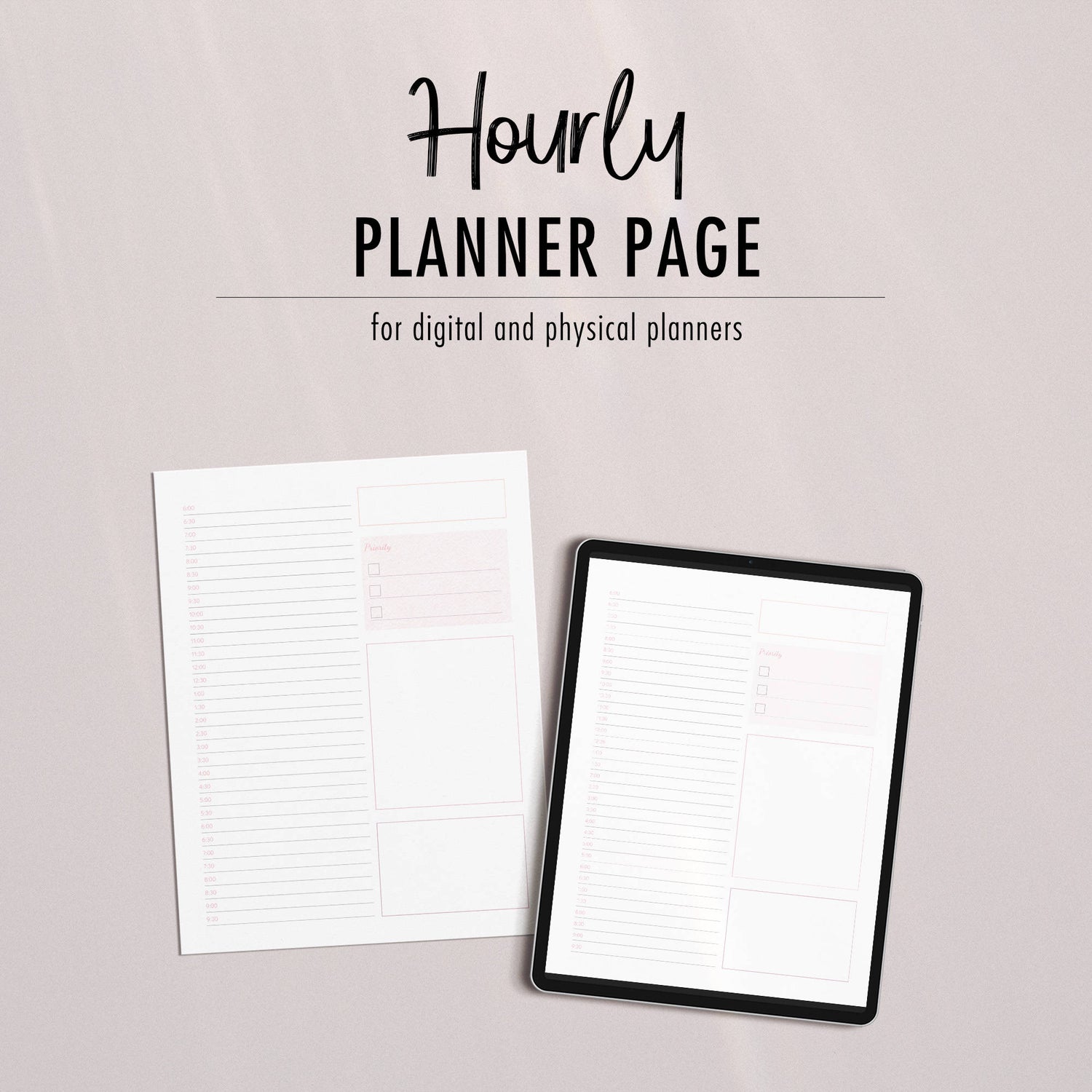 Blush Pink Minimalist Planner Page - Hourly - for use in physical or digital planners