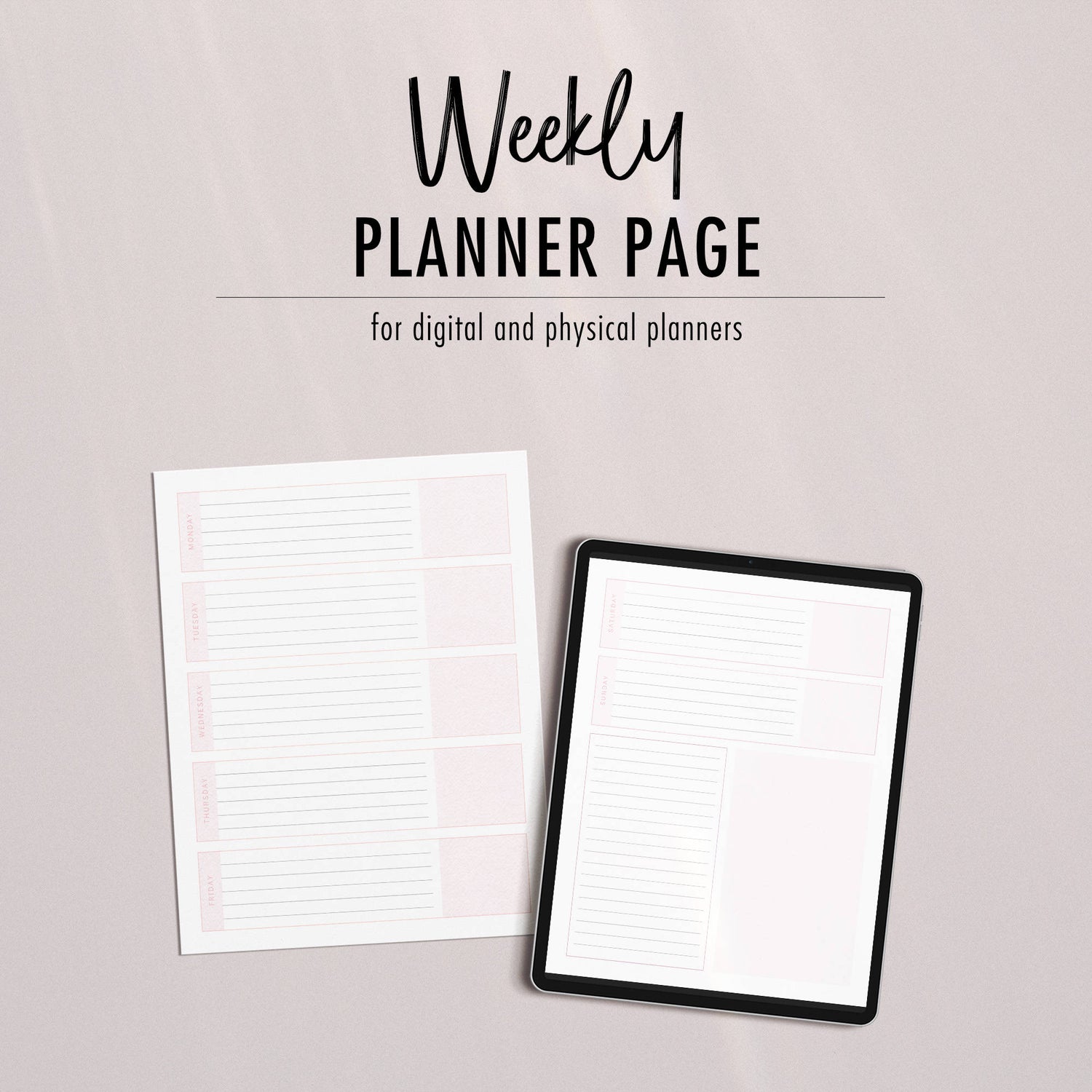 Blush Pink Minimalist Planner Page - Weekly - for use in physical or digital planners