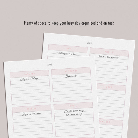 Blush Pink Minimalist Planner Page Spread - Yearly - for use in physical or digital planners