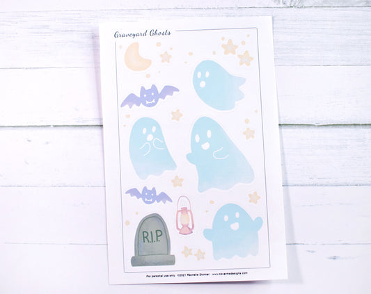 Graveyard Ghosts and Bats Halloween Printable Stickers - Print and Cut at Home 4x6 - Silhouette and Cricut Compatible