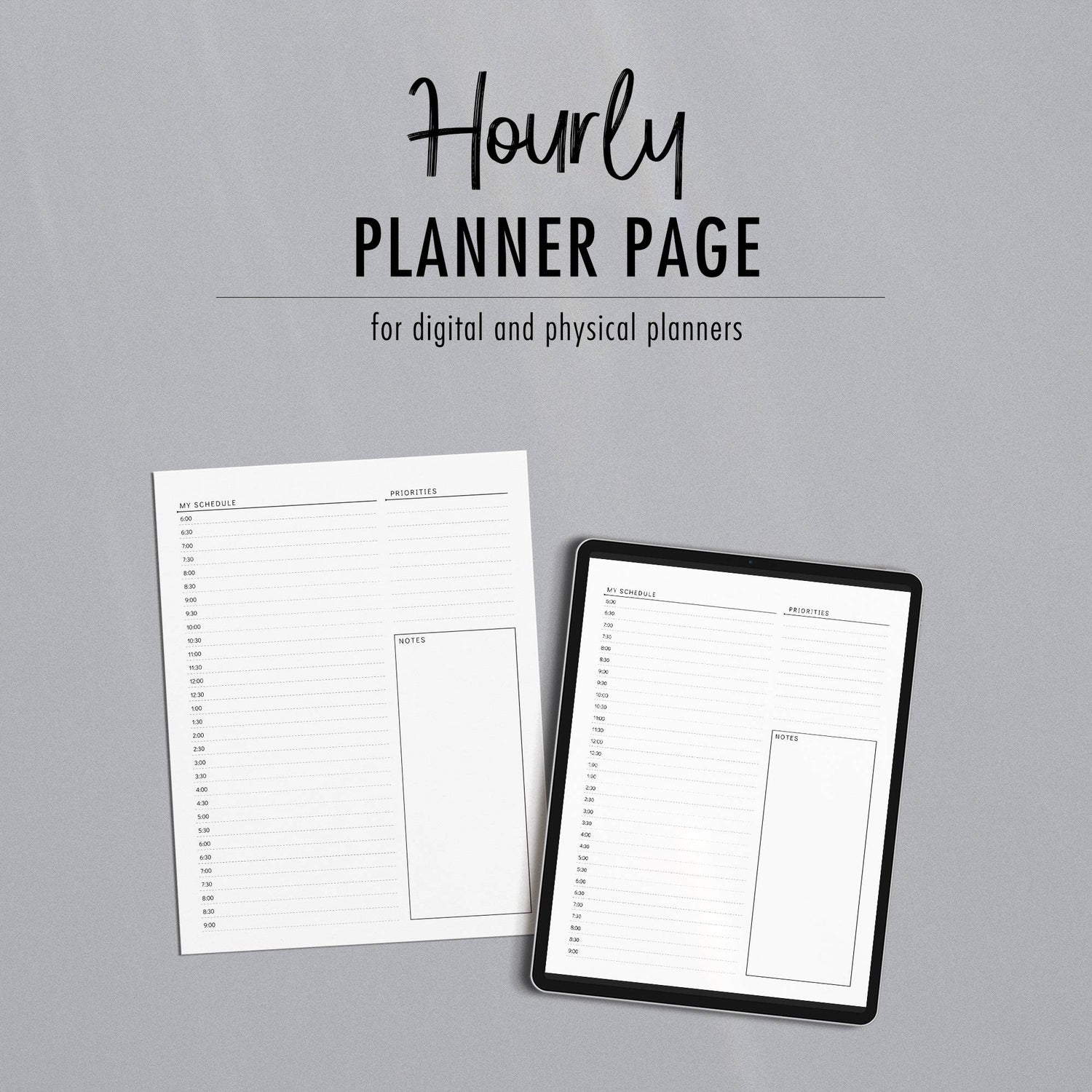 Minimalist Planner Page - Hourly - for use in physical or digital planners