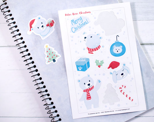 Polar Bear Christmas Printable Sticker Sheet - Print and Cut at Home 4x6 - Silhouette and Cricut Compatible