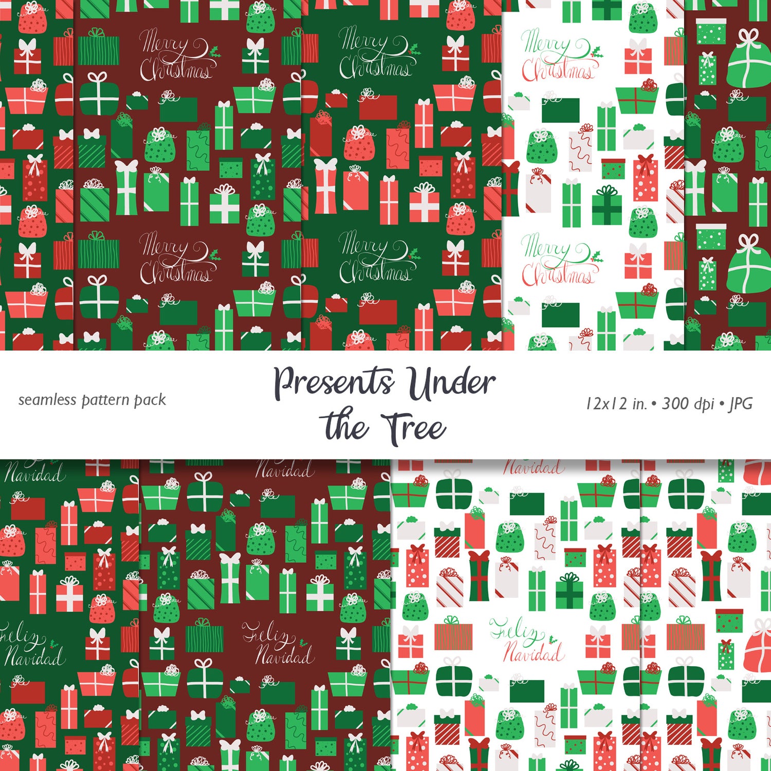 Presents Under the Tree Digital Paper Pack - Seamless Christmas Patterns