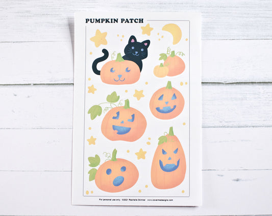 Halloween Pumpkin Patch Stickers - Print and Cut at Home - Silhouette and Cricut Compatible - Stickers with Jack-O-Lanterns and Black Cat