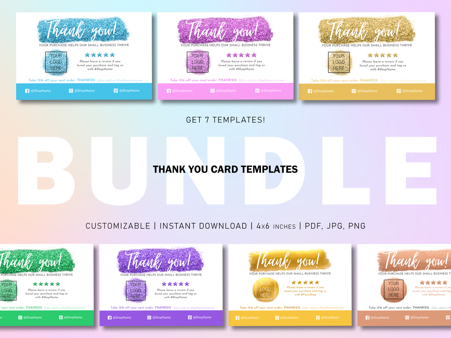 Thank You Card Template Bundle  – 7 Customizable Templates