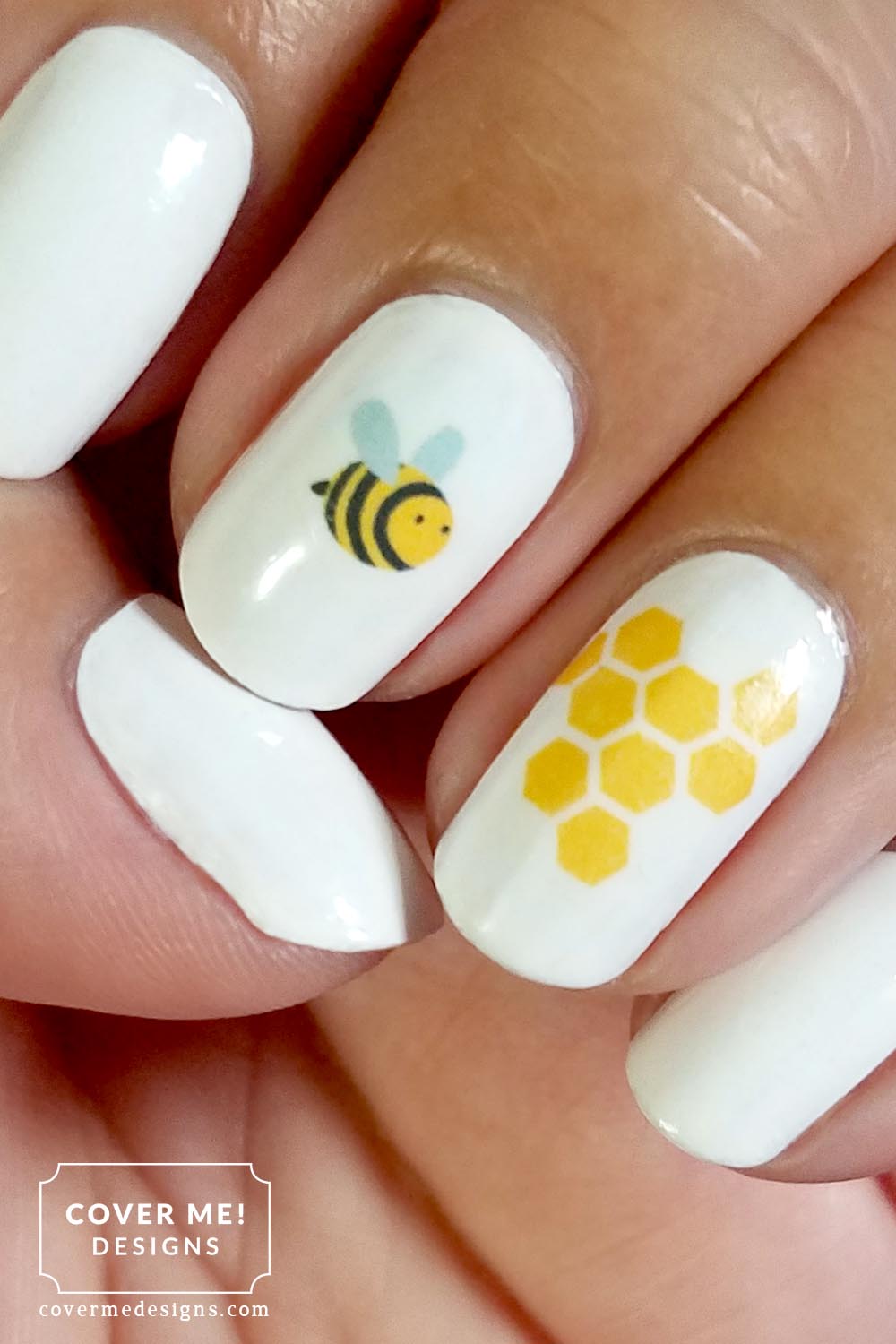 Bee and yellow honeycomb nail art