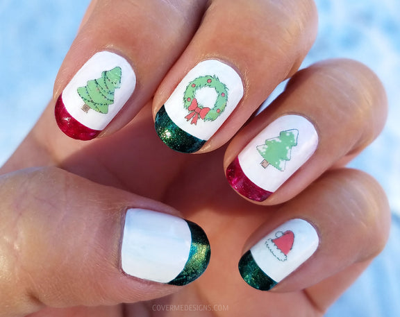 Shimmery red and green french tip nail art with cute Christmas tree, wreath, and santa hat nail stickers