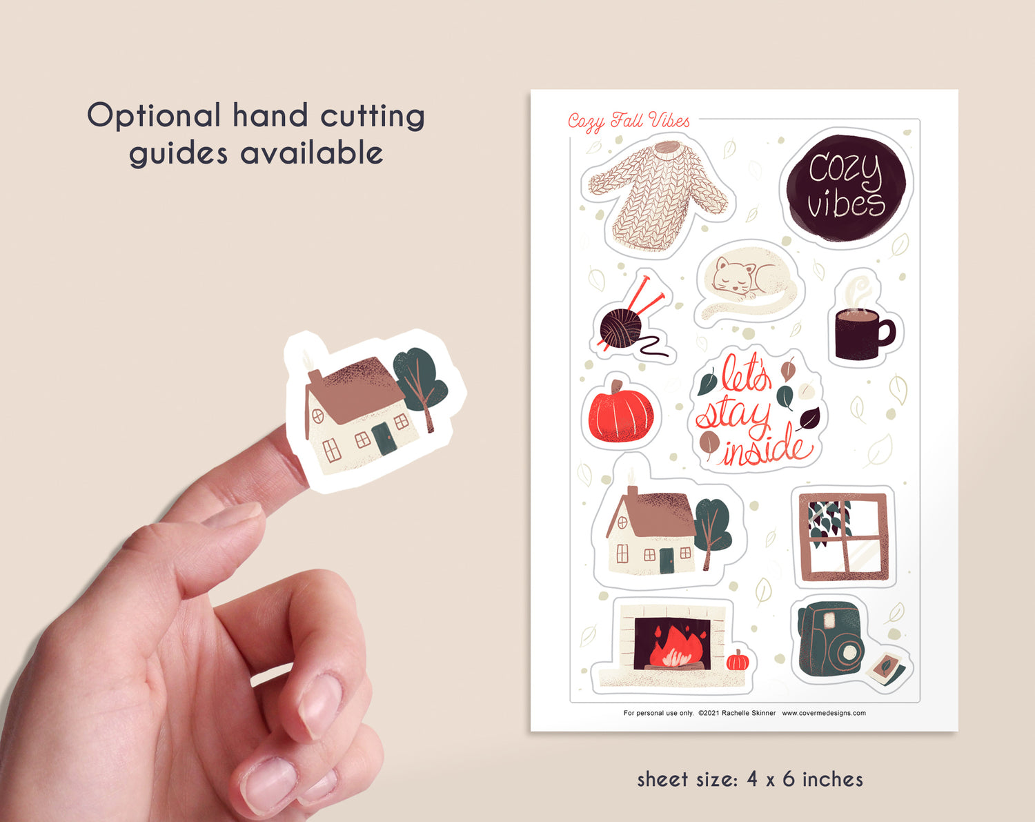 Cozy Fall Vibes Printable Sticker Bundle - Optional hand cutting guides available - size: 4x6