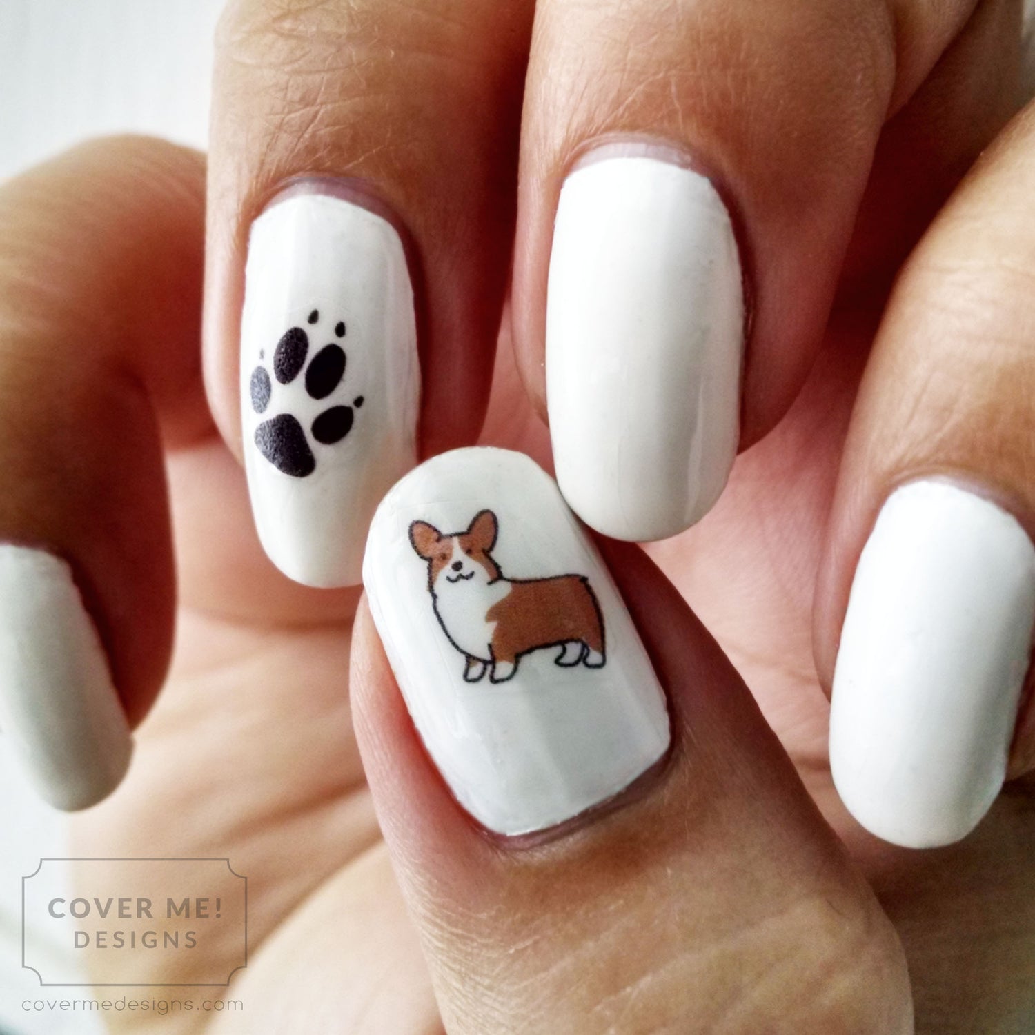 corgi lover and paw print nail art decals on white nails
