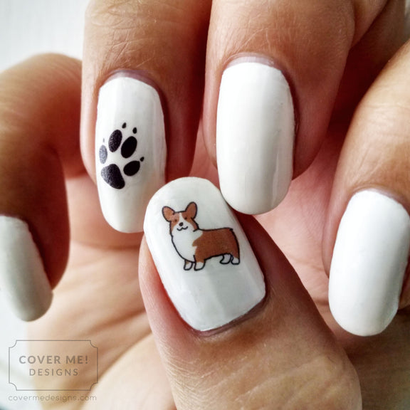 corgi lover and paw print nail art decals on white nails