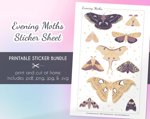 Evening Moths Printable Sticker Bundle - Print and cut at home