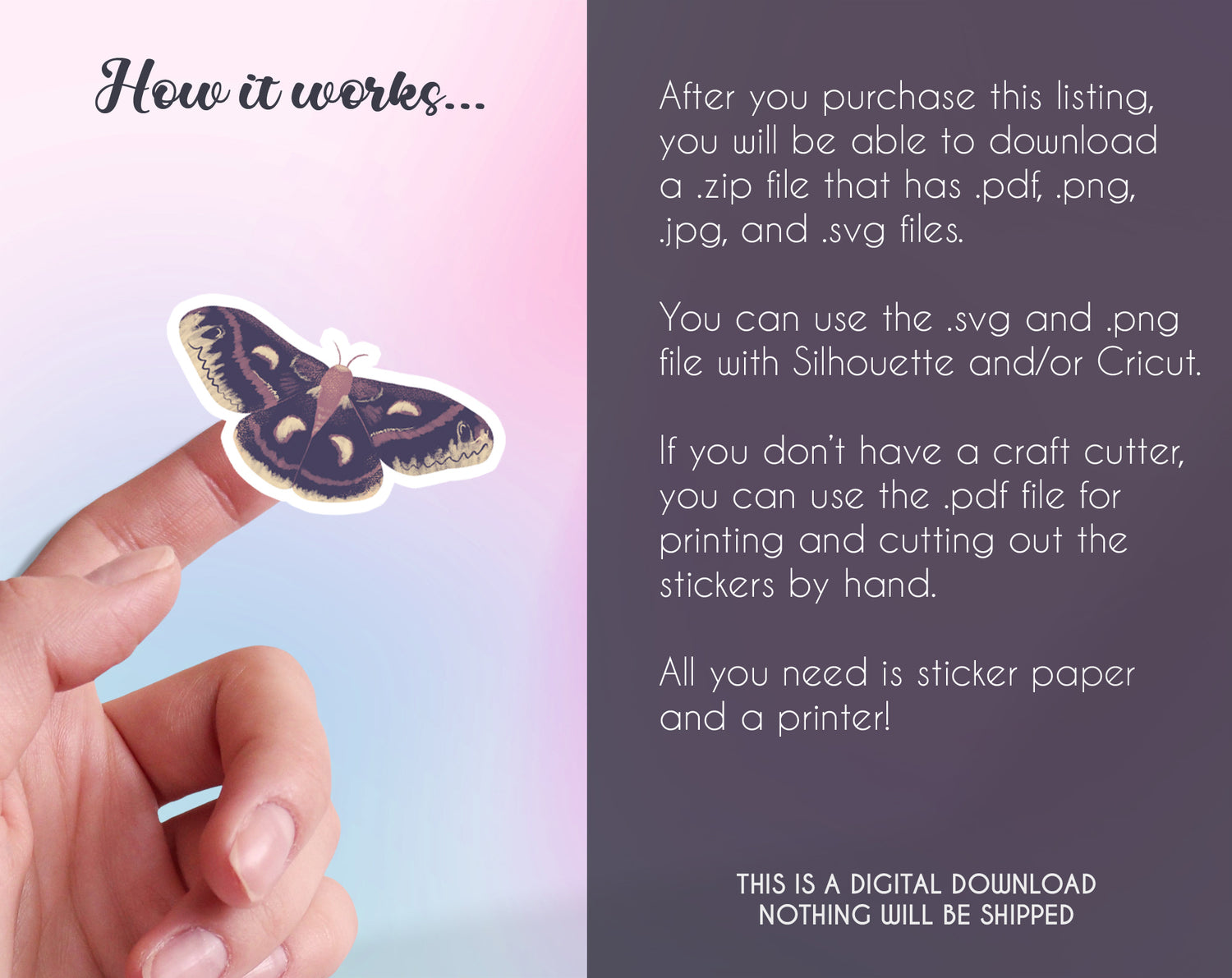 Evening Moths Printable Sticker Bundle - Description of how digital downloadable sticker sheets work with silhouette and cricut