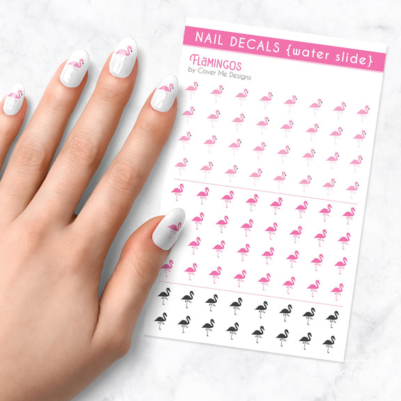 A sheet of pink flamingo nail decals