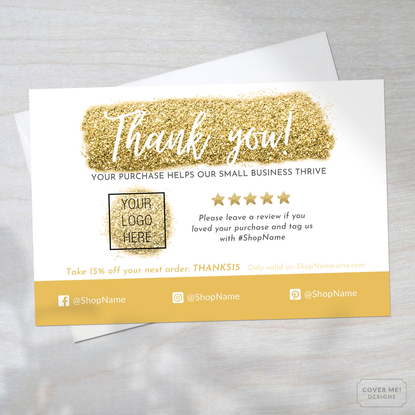 Template of a gold glitter thank you card for small business