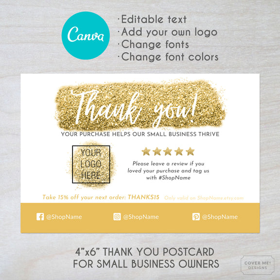 Canva template of a gold glitter theme thank you card for small businesses