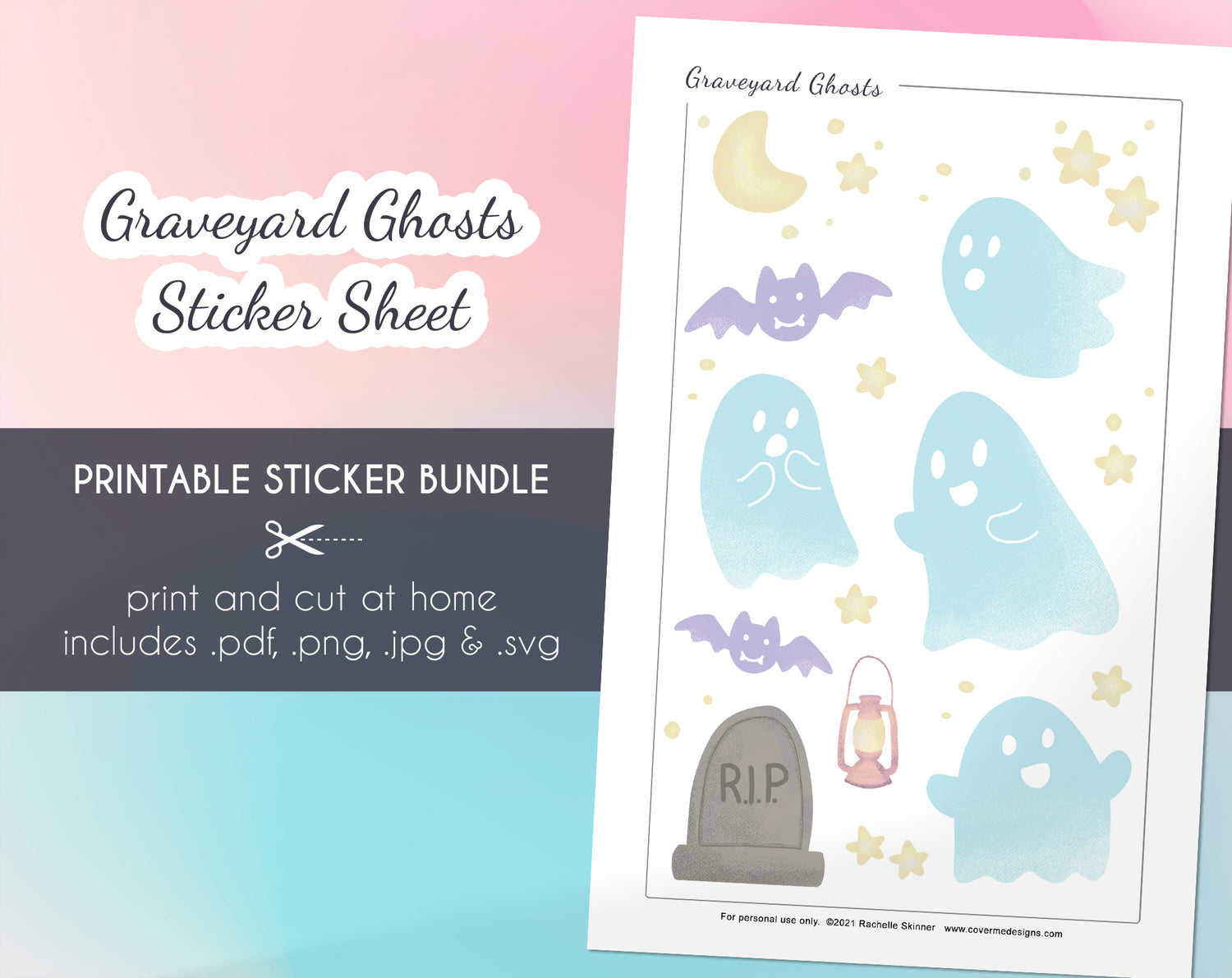 Graveyard Ghosts Halloween Printable Sticker Bundle - Print and cut at home