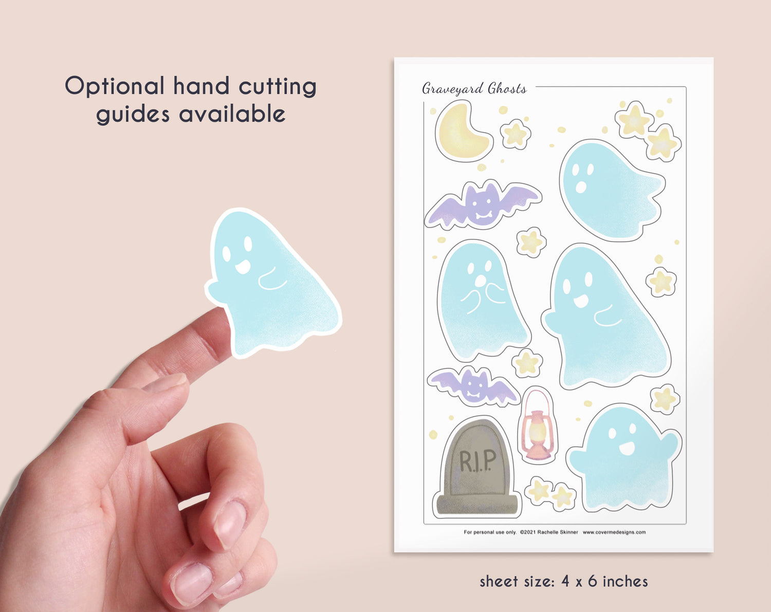 Graveyard Ghosts Halloween Printable Sticker Bundle - Optional hand cutting guides available - size: 4x6