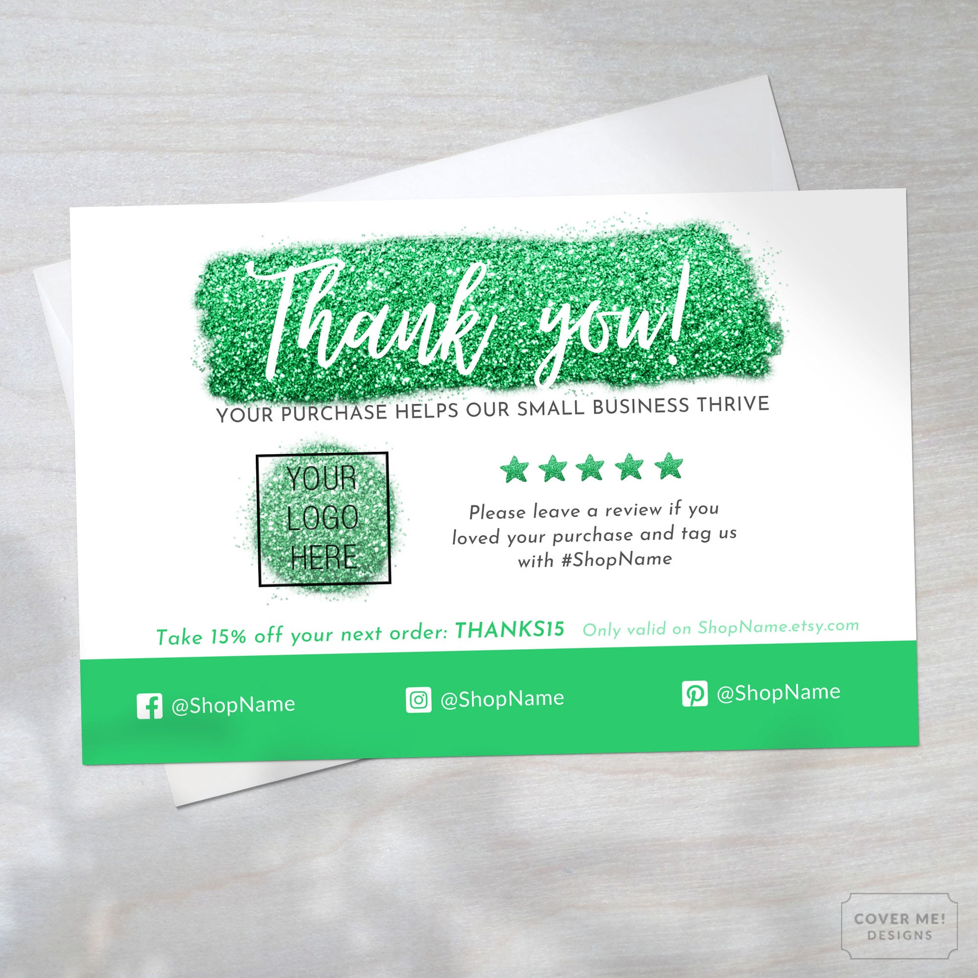 Template of a green glitter thank you card for small business