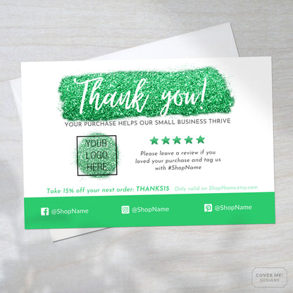 Template of a green glitter thank you card for small business