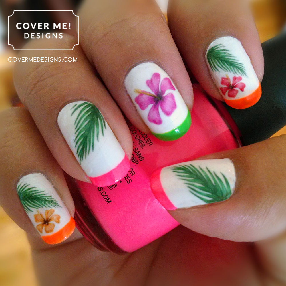 Hibiscus flowers and palm leaf nail art with neon pink, oange and green french tips