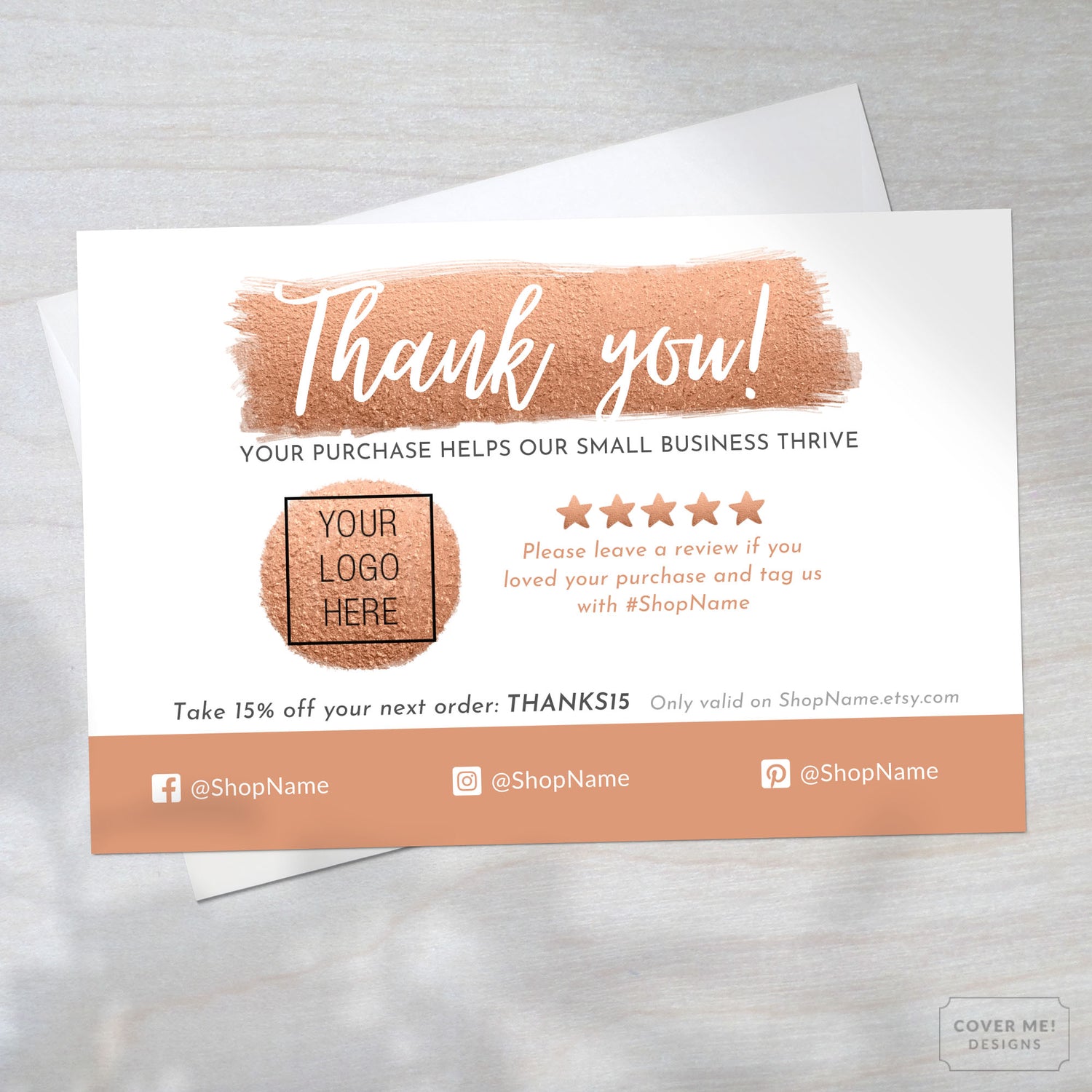 Template of a metallic copper thank you card for small business