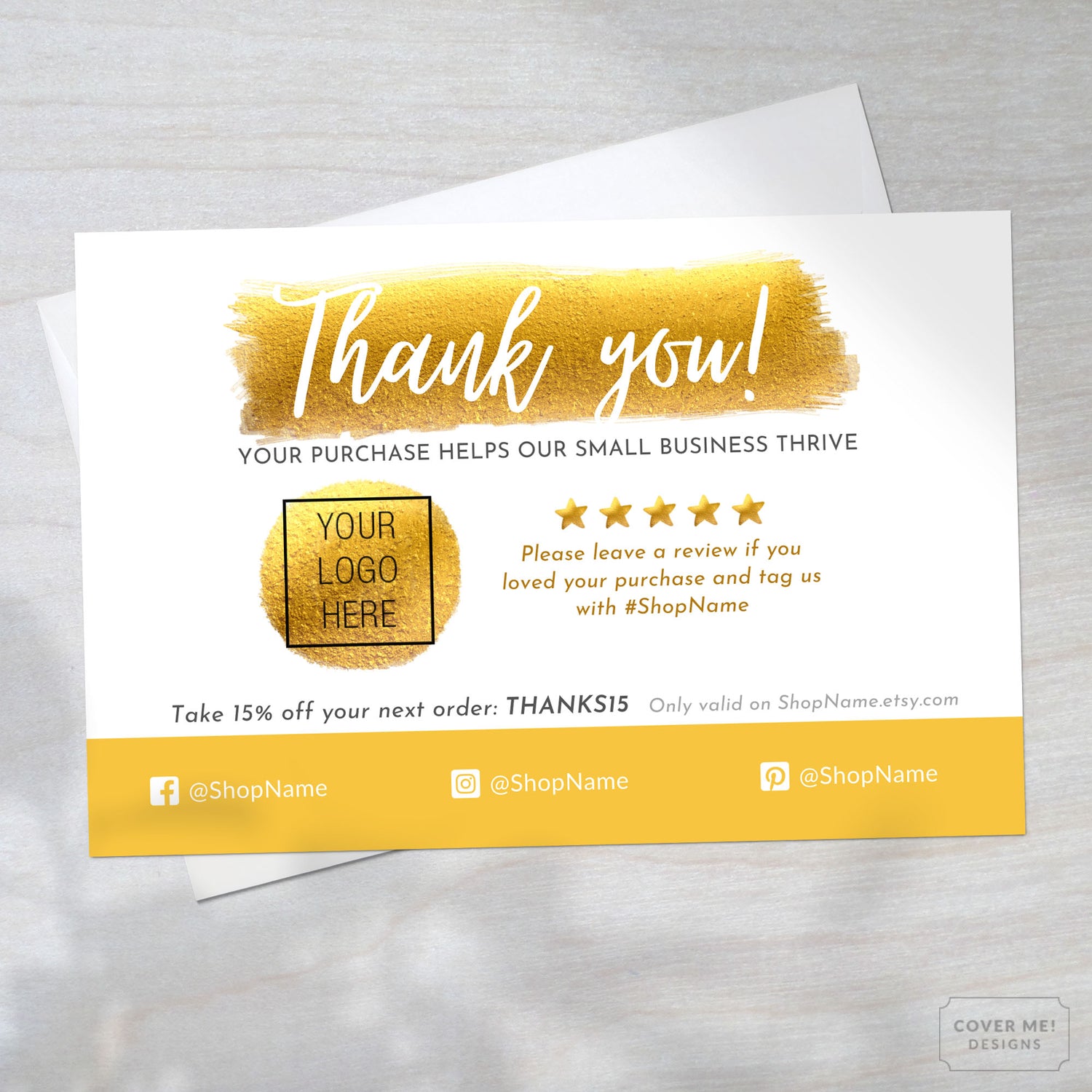 Template of a metallic gold thank you card for small business