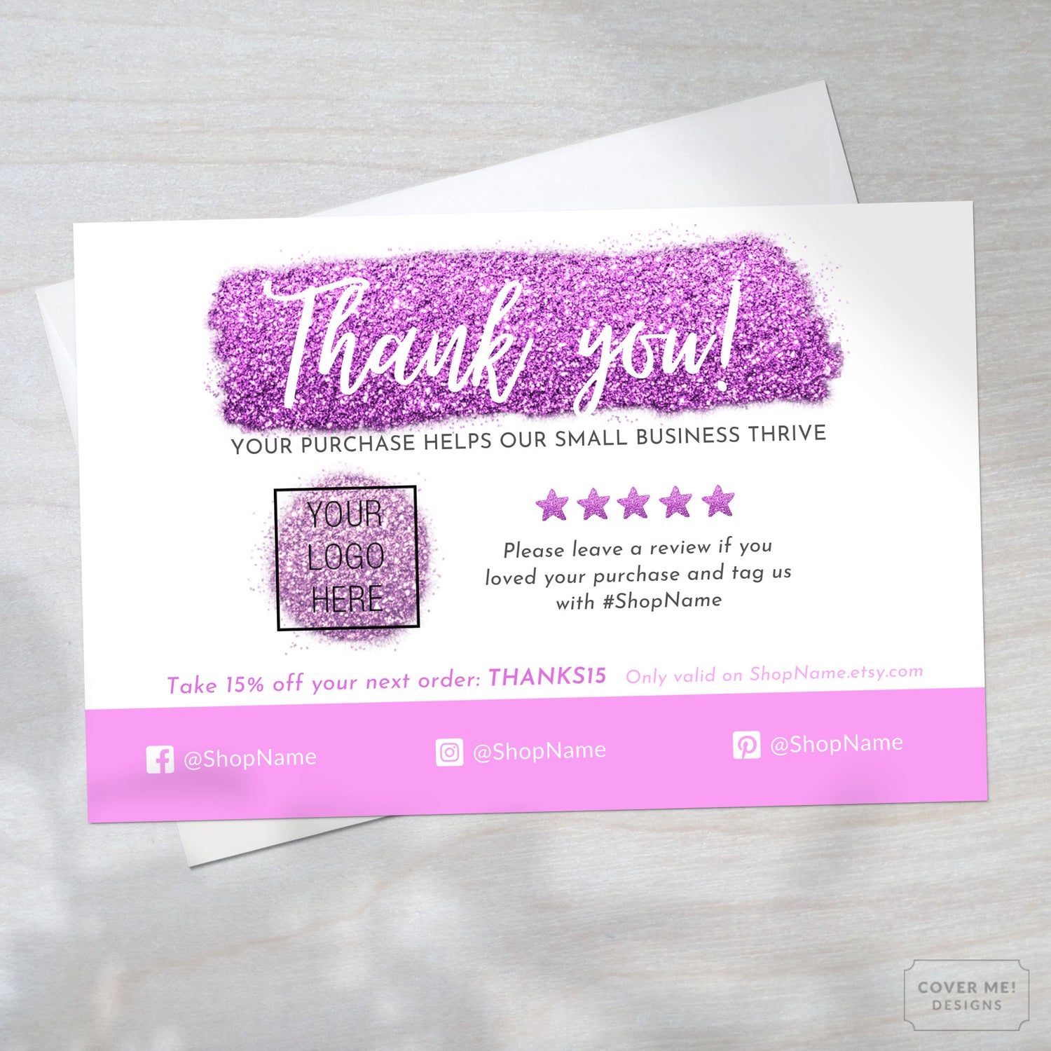 Template of a pink glitter thank you card for small business