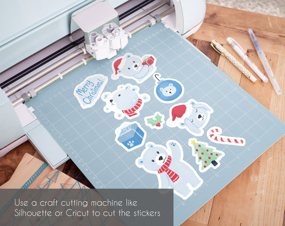 Polar Bear Christmas Printable Sticker Bundle - Use a craft cutting machine like Silhouette or Cricut to cut the stickers