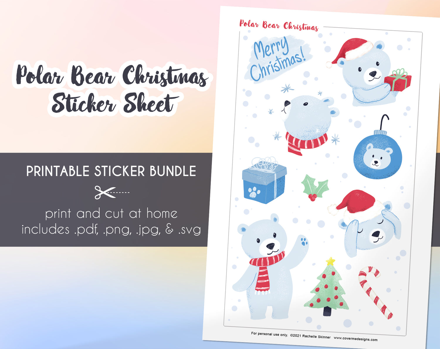 Polar Bear Christmas Printable Sticker Bundle - Print and cut at home