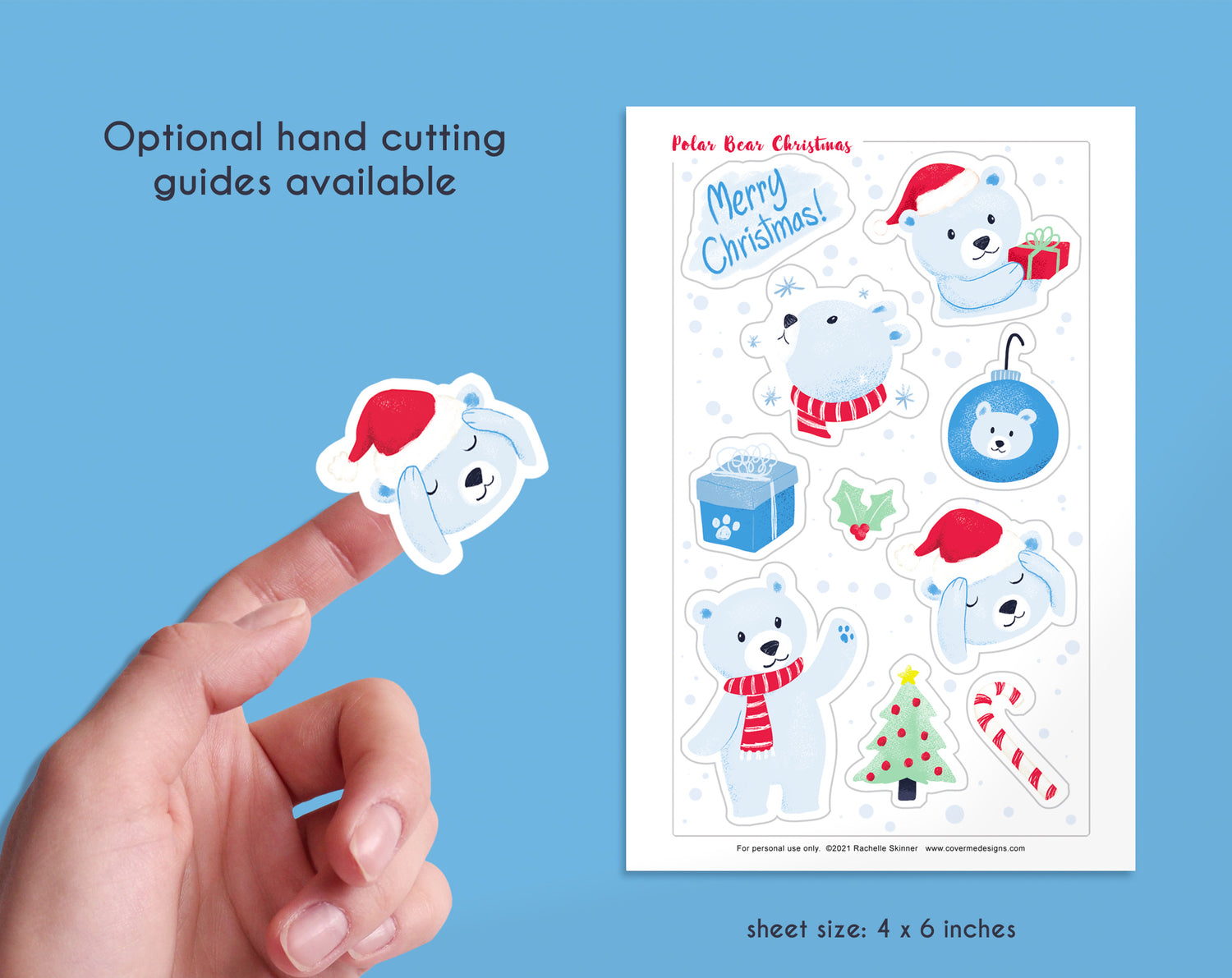  Polar Bear Christmas Printable Sticker Bundle - Optional hand cutting guides available - size: 4x6