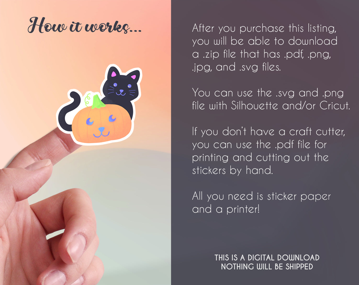 Pumpkin Patch Halloween Printable Sticker Bundle - Description of how digital downloadable sticker sheets work with silhouette and cricut