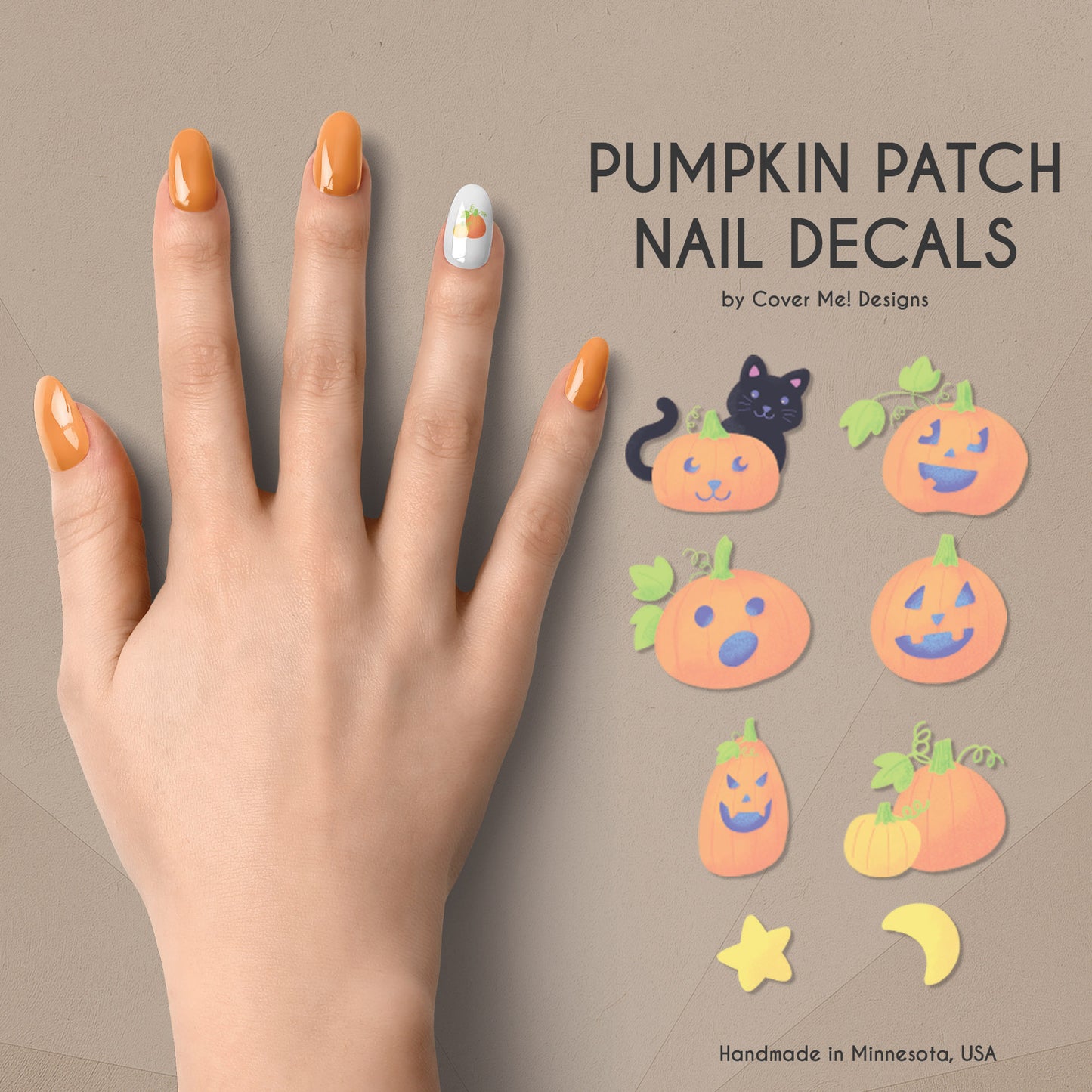 Pumpkin Patch nail decals. Detail shot of jack-o-lantern, black cat, star, and moon nail stickers