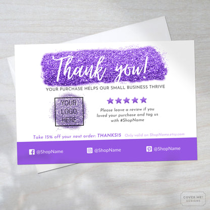 Template of a purple glitter thank you card for small business