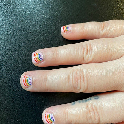 Customer photo of rainbow nail decals on short pink nails