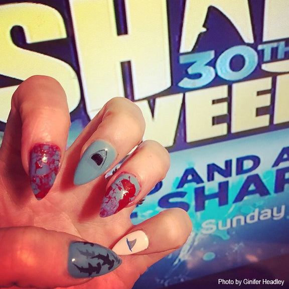 shark week nail art in gray and red