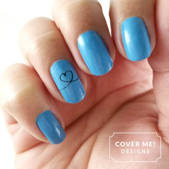 blue cursive heart nail art