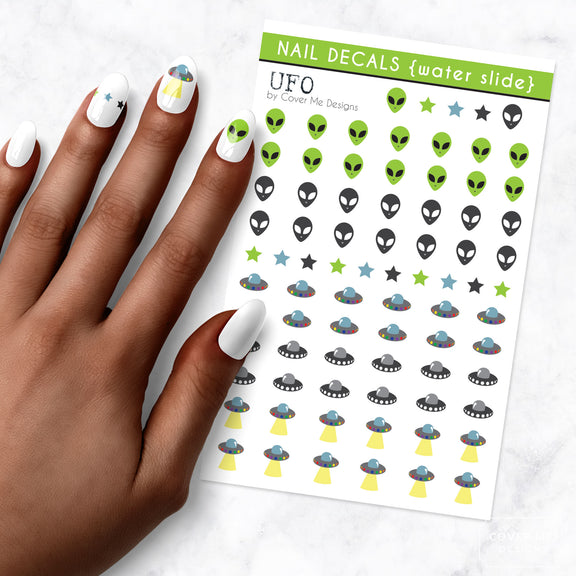 Sheet of UFO alien nail art decals